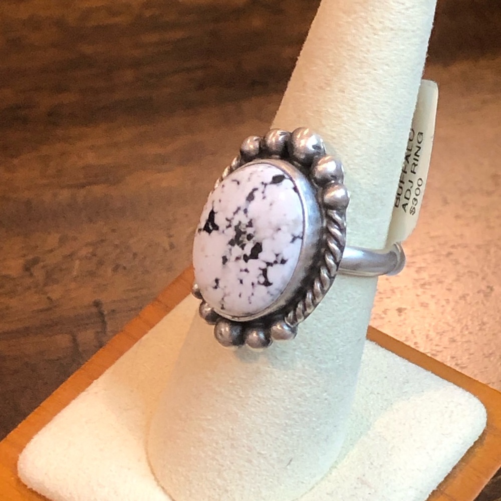 WHITE BUFFALO Turquoise Sterling Silver Cabochon Navajo Ring Size Adjustable - Picture 5 of 11